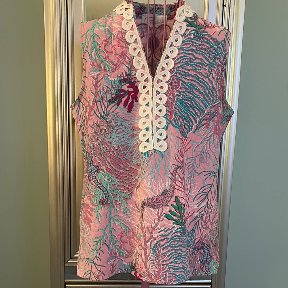 Pink and Green Sleeveless Top with Lace Trim